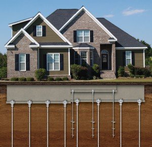 Picture of a house with a drawing of what foundation piers would look like underneath 