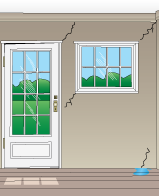 A drawing of a wall inside a house with a window and a door. There are many cracks in the wall, including one with water coming through.